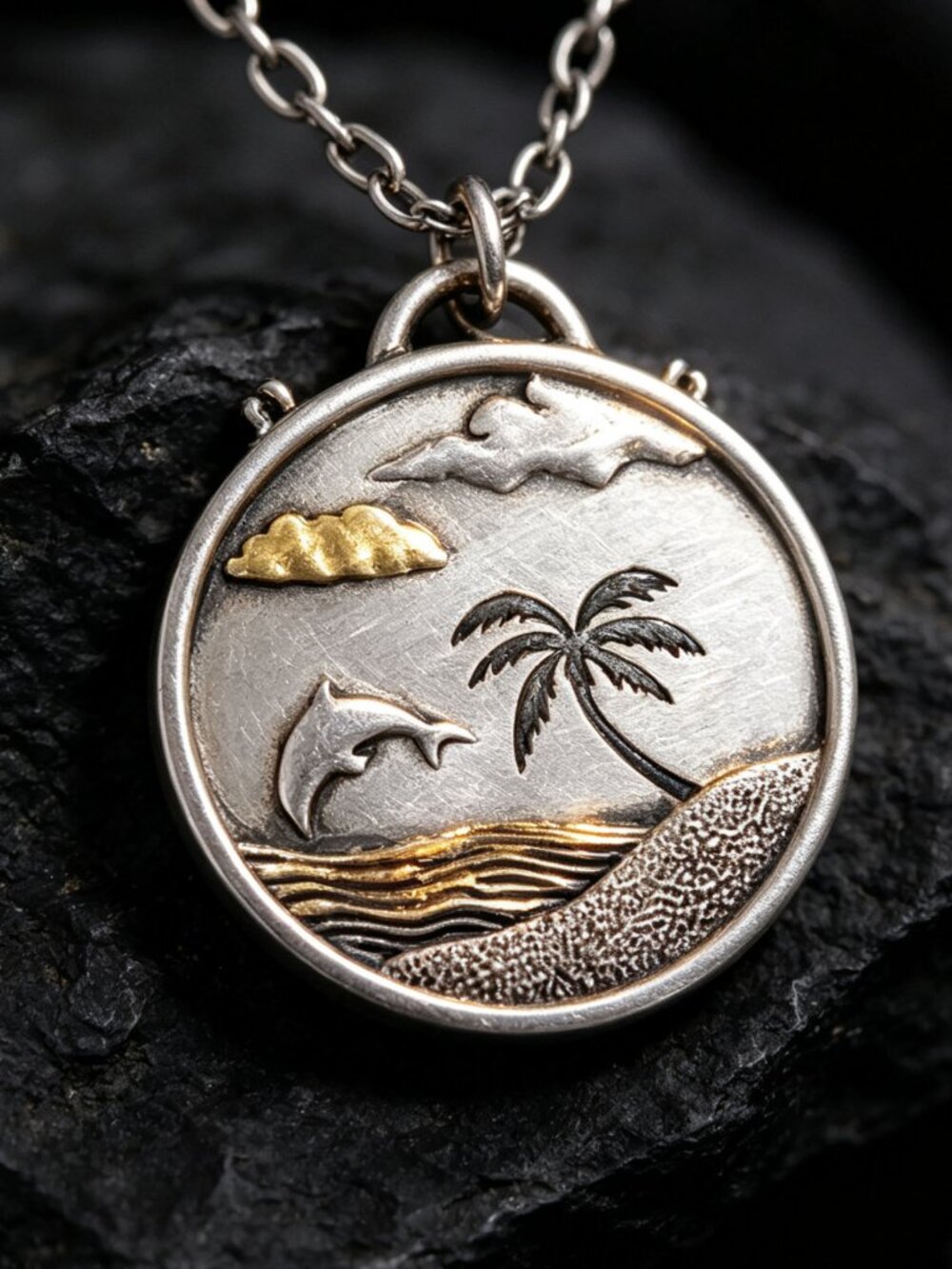 Tropical Beach Scene Palm Tree Ocean Round Pendant Landscape Necklace Charm 925